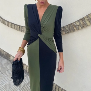 Robe Maxi Femme Élégante Col en V Nœud Torsadé Patchwork Manches Longues Taille Haute Fente Moulante Couleur Contrastée Soirée