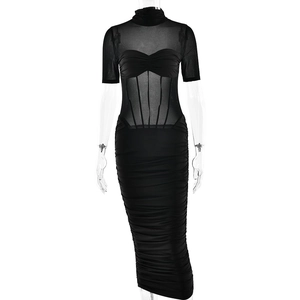 Elegantes schwarzes Bodycon-Midikleid mit transparenten Netzärmeln und gerafftem Bleistiftrock