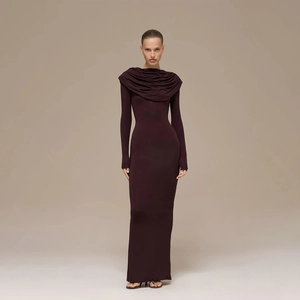Elegante Abito Lungo da Donna con Scollo a Cappuccio Manica Lunga Slim Fit Tinta Unita Spacco Sexy Vestito da Festa