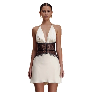 Sexy halter neck cream satin dress with deep V-neck and black lace waist patchwork