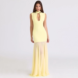 Slim fit light yellow halter maxi dress with cutout bodice and ruffled chiffon skirt