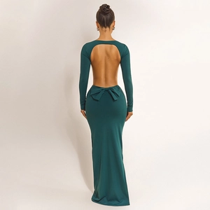Robe Maxi Femme Sexy Dos Nu Nœud Papillon Manches Longues Moulante Ajourée Soirée Fête Clubwear Soie de Lait