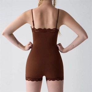 Detailed back view of brown lace-trim bodysuit showing adjustable straps and fabric texture