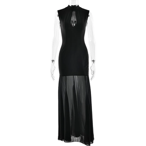 Sleeveless black slim fit dress with front cutout and sheer mesh patchwork skirt