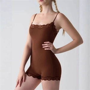 Detailed view of dark brown lace-trimmed bodysuit with adjustable thin spaghetti straps