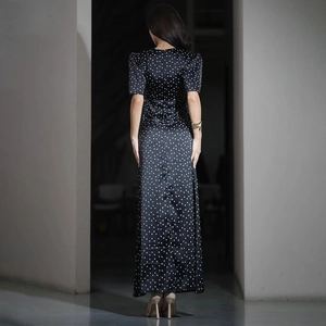 Elegant black polka dot maxi dress with puff sleeves and slim fit satin design for women