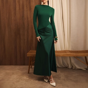 Women Sexy High Neck Long Sleeve Patchwork Maxi Dress Elegant Satin Bodycon Evening Party Banquet Slim Fit Long Dress