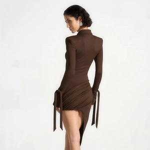 Slim fit dark brown long sleeve dress with polo neck and asymmetric draped hemline