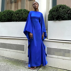 Elegant royal blue satin maxi dress with batwing sleeves and floor-length silhouette