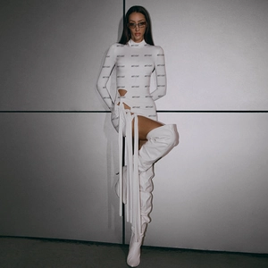 Robe Mini Moulante Sexy à Manches Longues avec Découpe Latérale et Lacet Coupe Cintrée Col Haut Streetwear Fête Femmes