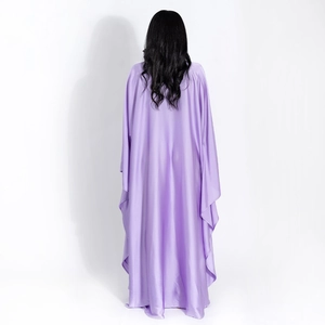 Elegant purple satin kaftan dress with batwing sleeves and loose fit silhouette back view