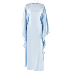 Elegant light blue satin maxi dress with batwing sleeves and a modest round neckline