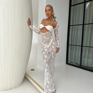 Damen Sexy Blumen Spitze Durchsichtig Langarm Maxi Kleid Ausschnitt Slim Fit Abend Party Strand Urlaub Kleid