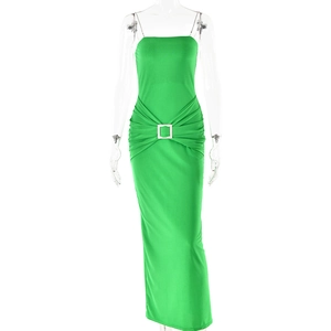 Sexy felgroene strakke maxi-jurk met strass gesp en dunne metalen bandjes