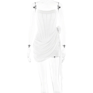 White off-shoulder corset mini dress with draped ruched skirt and side bow detail