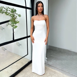 Elegant white strapless backless slim fit evening dress with long fishtail silhouette