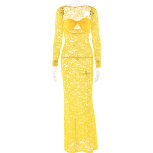 Gelbes Spitzen-Maxikleid mit langen Ärmeln und tiefem V-Ausschnitt für formelle Anlässe