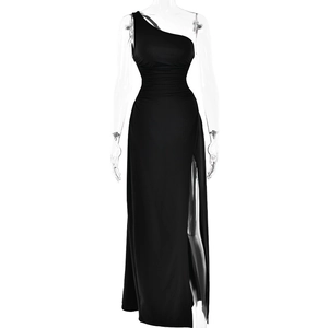 Elegantes schwarzes One-Shoulder-Maxikleid mit geraffter Taille und hohem Schlitz