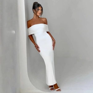 Elegant white off-shoulder bodycon maxi dress with ruched detail for formal summer occasions