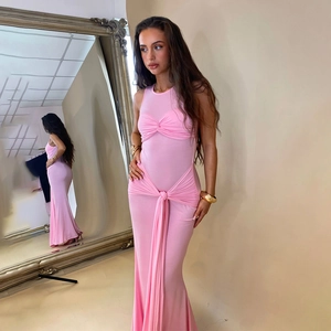 Robe Longue Femme Sexy Sans Manches Col Rond Élégant Coupe Ajustée Nœud Plissé Long Soirée Fête Clubwear Robe Moulante