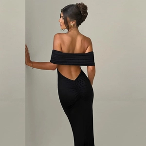 Elegant black backless bodycon maxi dress with off-shoulder neckline and ruched back detail