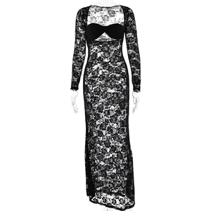 Sexy schwarzes Langarm-Spitzenkleid mit Blumenmustern und modischen Cut-out-Details