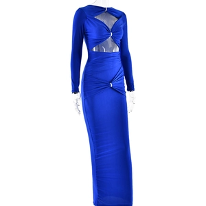 Detail view of royal blue cut-out dress with high-elastic glossy fabric and metal rings