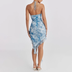 Halter backless dress with blue marble print and asymmetric ruffled hem for women