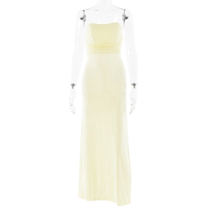 Robe longue bustier jaune pâle moulante avec détails plissés et dos nu sexy