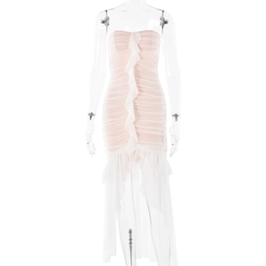 Pink and white strapless ruched dress with ruffle trim and asymmetrical high-low hemline