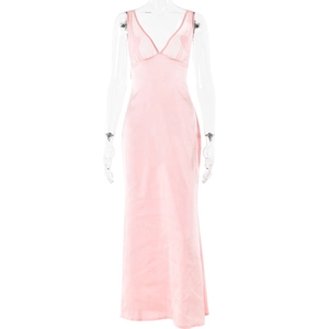 Pink satin slip maxi dress with deep V-neck and heart mesh detail for women