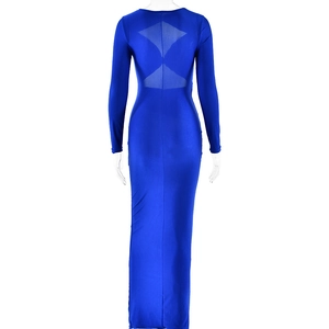Detail of royal blue bodycon maxi dress featuring a sheer mesh hourglass back cutout