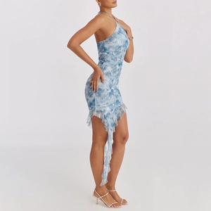 Chic blue and white tie-dye halter neck backless dress with asymmetric ruffle hem