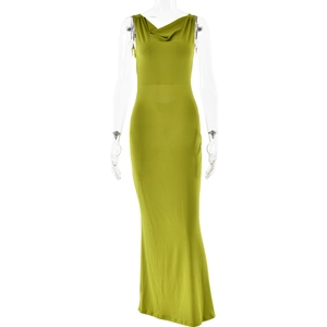 Eng anliegendes ärmelloses Maxikleid in Olivgrün mit elegantem Wasserfall-Ausschnitt