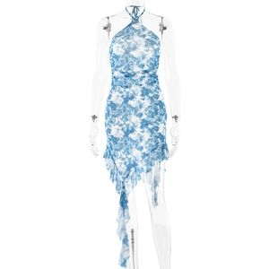 Halter neck slim fit dress with blue floral print and asymmetrical ruffle hem style