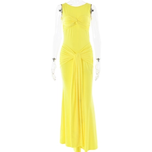 Robe longue moulante sans manches jaune vif avec détails noués et design plissé