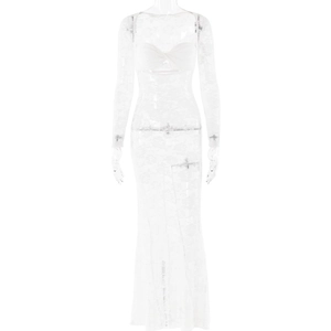Elegantes weißes langärmliges Spitzen-Maxikleid mit Blumenmustern und Innenfutter