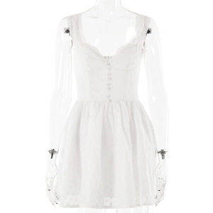 Elegant white lace sleeveless A-line mini dress with V-neck and button front detail