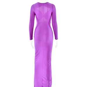 Back view of a purple slim-fit maxi dress with long sleeves and center vertical seam