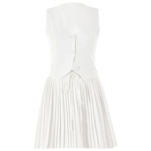 Ensemble blanc deux pièces pour femme avec gilet à col en V et jupe plissée courte
