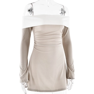 Detail of off-shoulder mini dress with color-block neckline and side ruched waist design