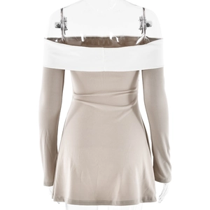 Rear view of bodycon off-shoulder long sleeve dress with contrast white neckline