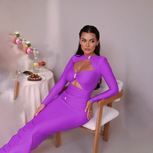 Elegant purple slim fit long sleeve maxi dress with cutout details and rhinestone buckles