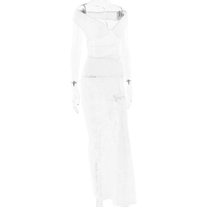 Detailed close-up of white lace texture and off-shoulder neckline of a sheer maxi dress