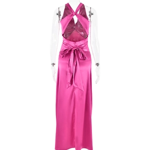 Détail de la robe en satin fuchsia montrant le dos nu et le grand nœud papillon