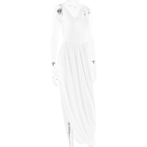 Detail view of white backless maxi dress with high slit and plunging V-neck design