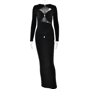 Elegant black bodycon long sleeve dress with waist cut-outs and rhinestone buckle detail