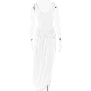 Macro shot of the sleek white dress showcasing the elegant ruching and high slit detail