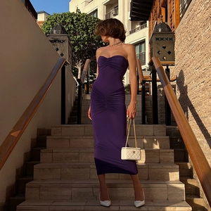 Elegant purple off-shoulder bodycon maxi dress with ruching detail for women