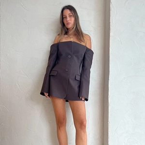 Chic dark grey off-shoulder long sleeve mini blazer dress with button details